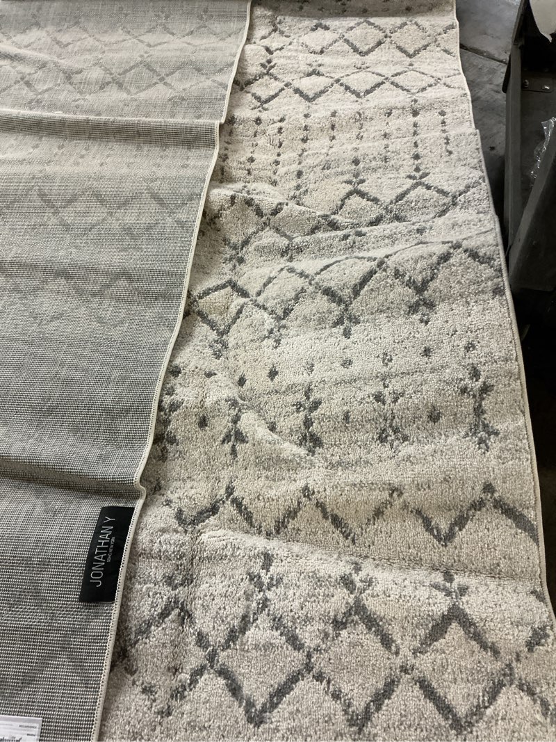 Condition photo showing As Is for JONATHAN Y Boho Vintage Diamond Cream/Gray Indoor Area Rug 8X10 ft, Moroccan Hype for Living Room, Bedroom, Kitchen, Office, Easy-Cleaning, High Traffic, Pet-Friendly, Non-Shedding (MOH101B-8) Cream/Gray 7'9" x 10' (Rectangular)