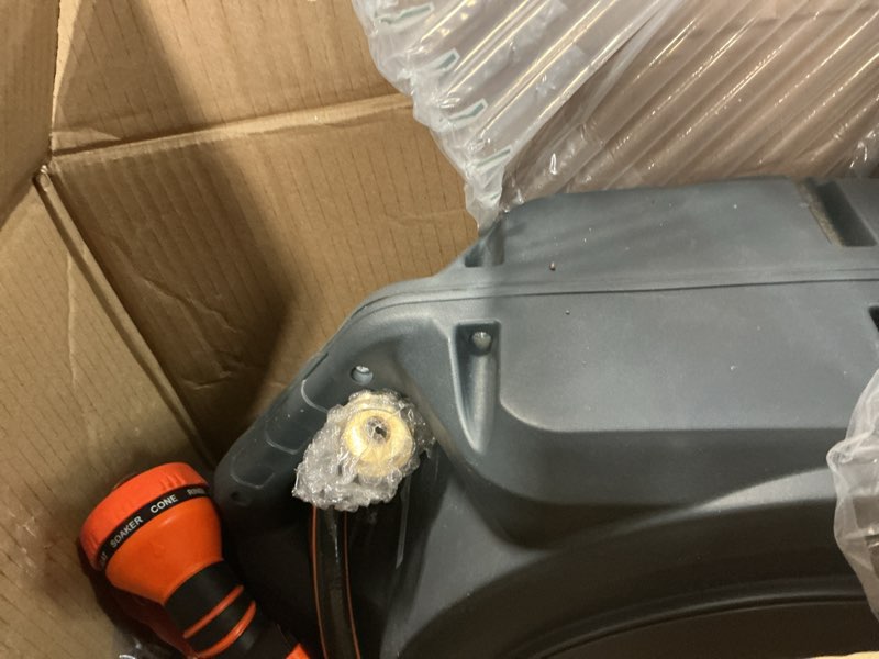 Condition photo showing As Is for giraffe tools hose reel 1/2‘’ 78 ft, heavy duty retractable garden hose reel with any length lock, slow return system, wall mounted and 180 deg swivel bracket 1/ 2"78 ft
