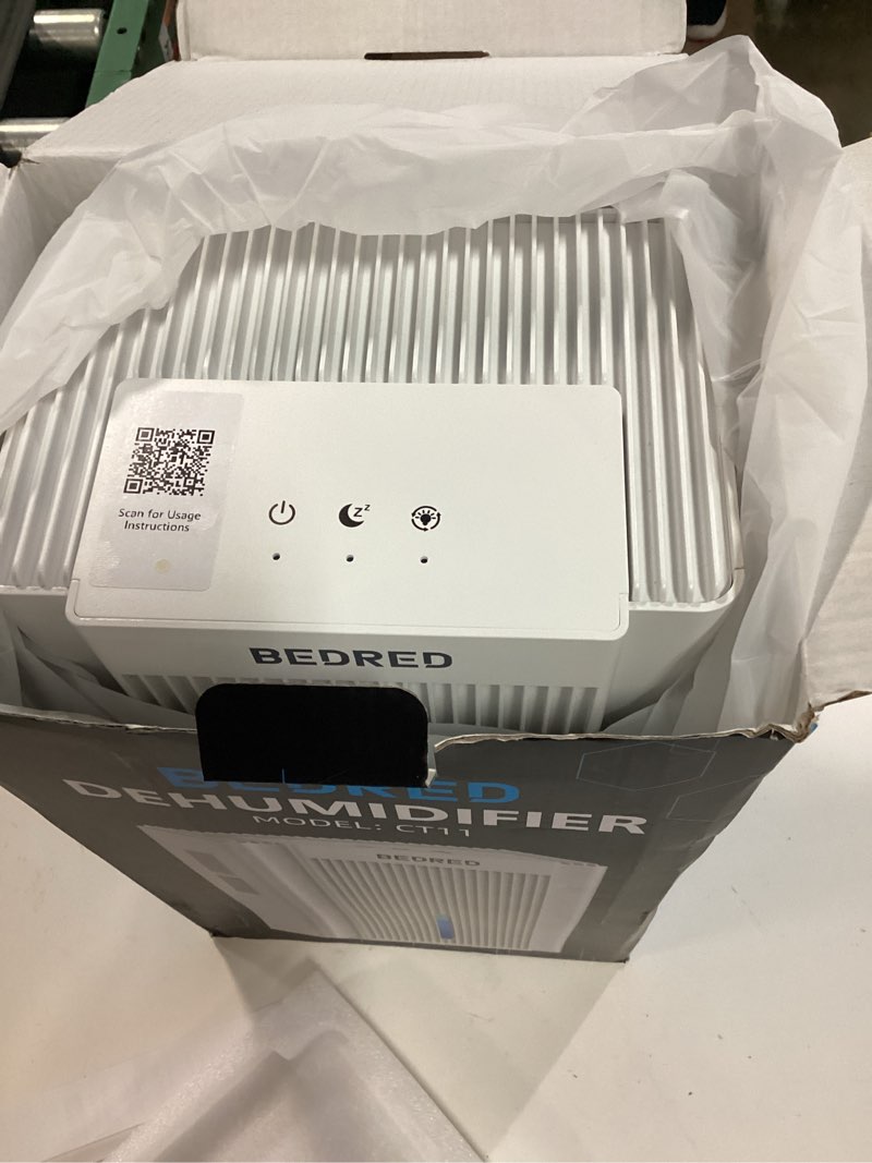 Condition photo showing New/Like New for dehumidifier, 95oz dehumidifier for home 1000 sq.ft - quiet with auto shut off & relaxing 7 color ambient light,ideal for livingroom, bedroom, basement(white)
