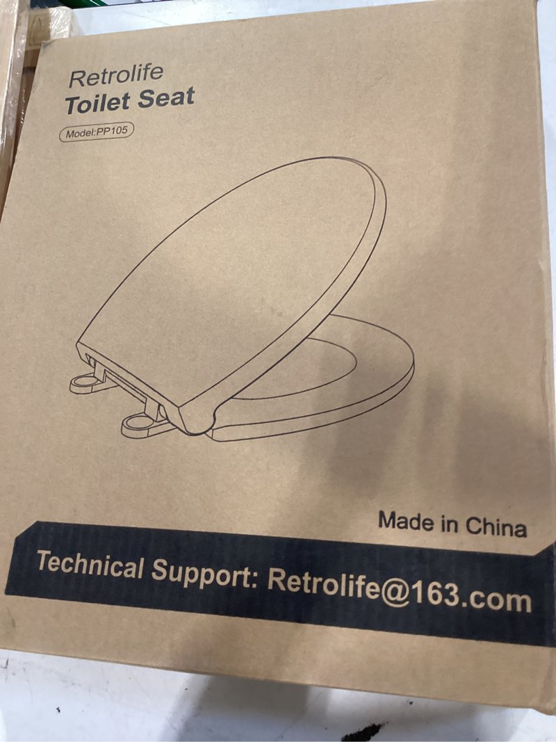 Condition photo showing As Is for round toilet seat slow quiet close seat cover fit standard round toilet white toilet seat with metal inserts easy to install, non-slip seat with rubber bumpers provides comfort relieves pressure point