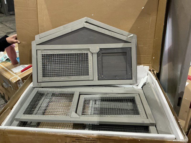 Condition photo showing As Is for (similar))))))indoor/outdoor rabbit hutch with pull-out tray, weatherproof bunny cage & attached run - also for chickens (grey, l) grey l