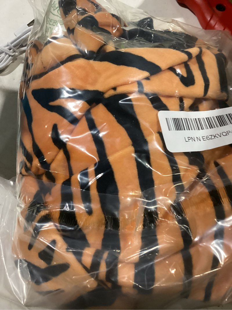 Condition photo showing As Is for tiger striped pet hooded jumpsuit, soft flannel warm pet costume, four-legged pet apparel for small dogs, cats, rabbits, foxes, for halloween, christmas, cosplay, daily wear(medium, tiger) tiger medium