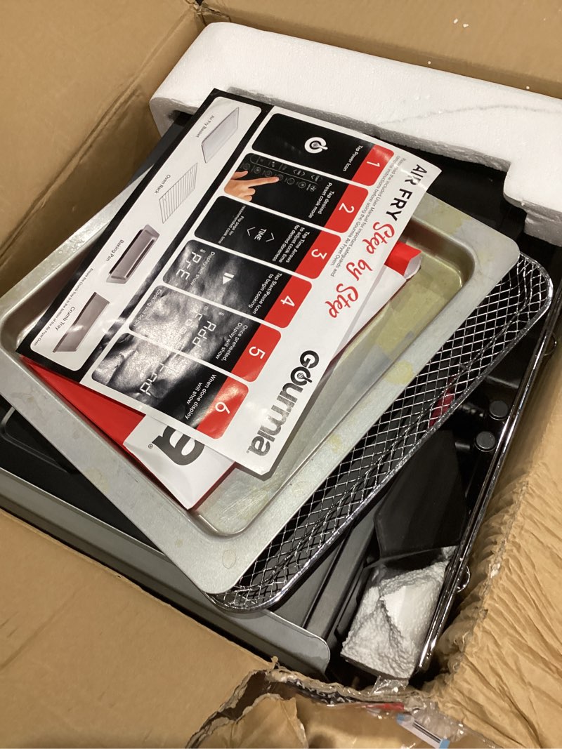 Condition photo showing As Is for Gourmia French Door Air Fryer – 25 Qt Large Capacity Convection Oven, Fryforce 360°, Digital Display with 17 Cooking Presets, Bake, Toast, Roast, Dehydrate, Fits 12” Pizza