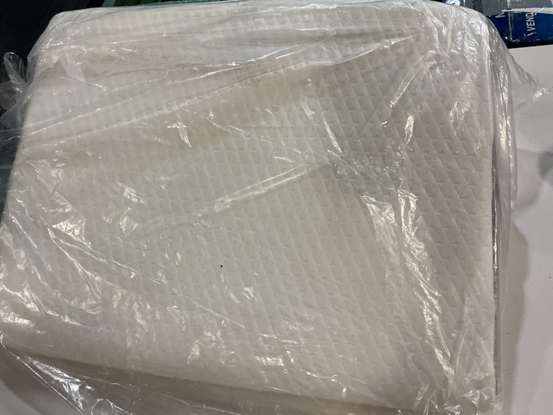 Condition photo showing As Is for knee pillow for back sleeping, 8” knee wedge pillow to elevate knee, leg pillow for back pain relief, triangle pillow, leg elevation pillows for after surgery, blood circulation, white/grey