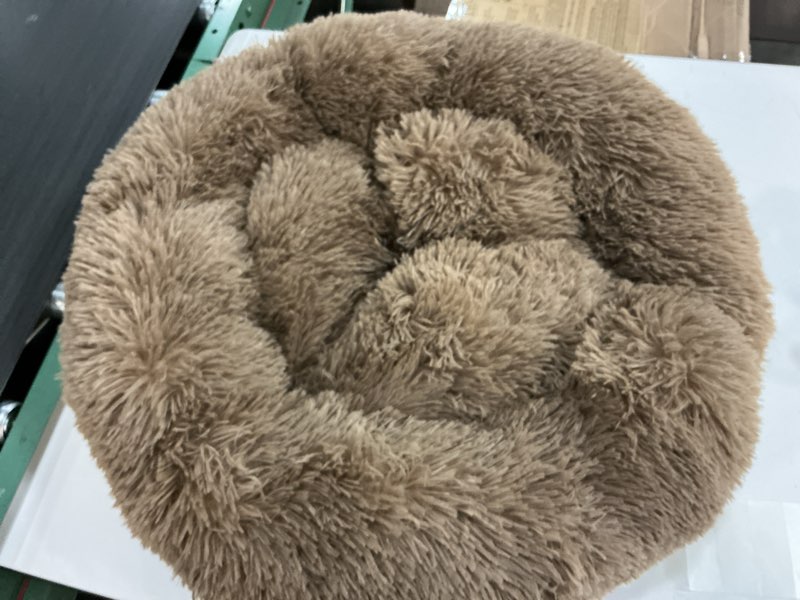 Condition photo showing As Is for Calming Dog Bed & Cat Bed, Anti-Anxiety Donut Cuddler Warming Cozy Soft Round Fluffy Faux Fur Plush Cushion bed for Small Medium Dogs and Cats (20"/24"/27"/30") 20.0"L x 20.0"W x 8.0"Th Brown