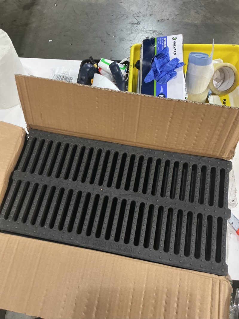 Condition photo showing As Is for 6 pack 19.7x9.8x1.6 in driveway polymer plastic trench grate 20x10in black-6 pack