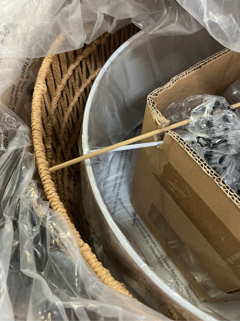 Condition photo showing Good Condition for farmhouse chandelier light fixture, 5-light rattan boho chandeliers for dining room, hand woven pendant light with linen shade, rustic hanging lighting for kitchen island, bedroom (bulb not included) rustic 5-light