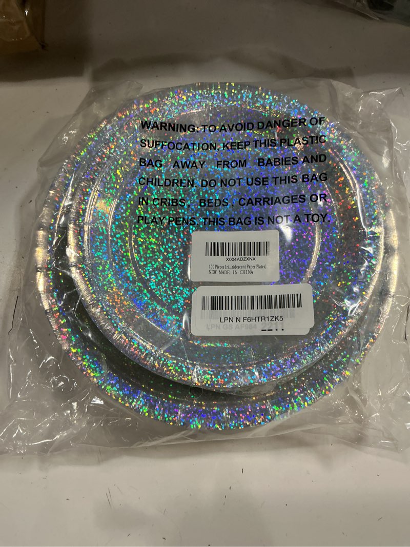 Condition photo showing New/Like New for holographic party plates - 100 pieces, 7" & 9" iridescent rainbow disposable dinner plates