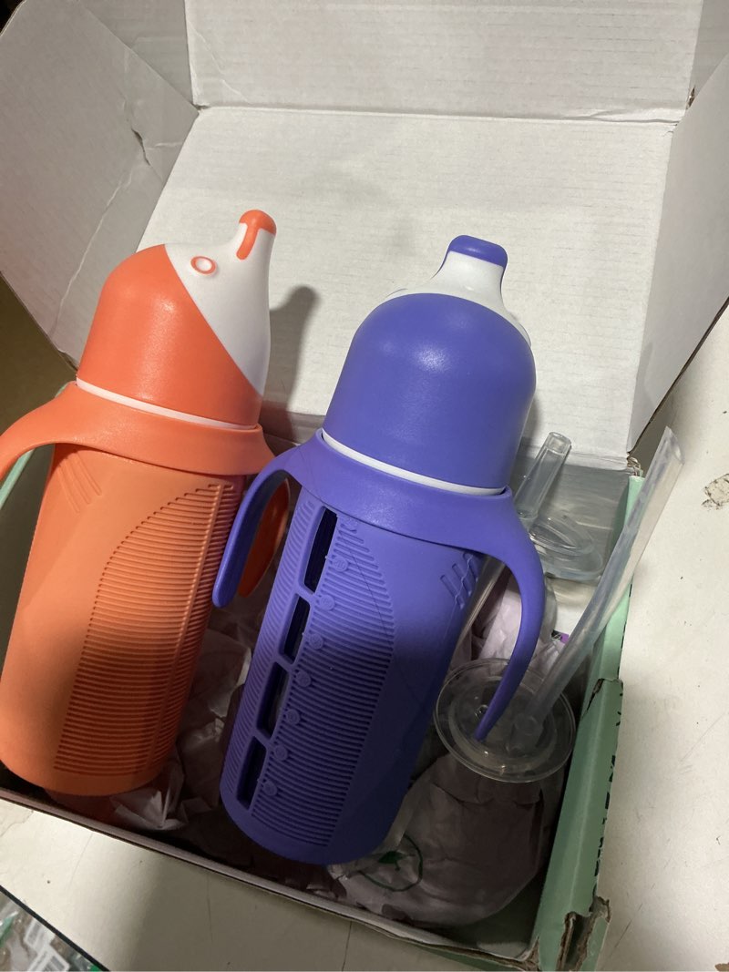 Condition photo showing New/Like New for tabor place set of 2 - glass sippy cup for toddlers - the luca | spill-proof | silicone straw | blue & orange | 8 oz | liquids never touch plastic | removable handles… (blue)