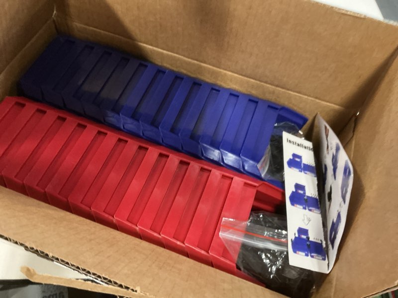 Condition photo showing Good Condition for plastic storage bins 24 packs, space-saving stackable parts bins for garage,tools, small parts organization bin-5x4x3 inch (blue & red) 5x4x3 inch blue & red 24pack