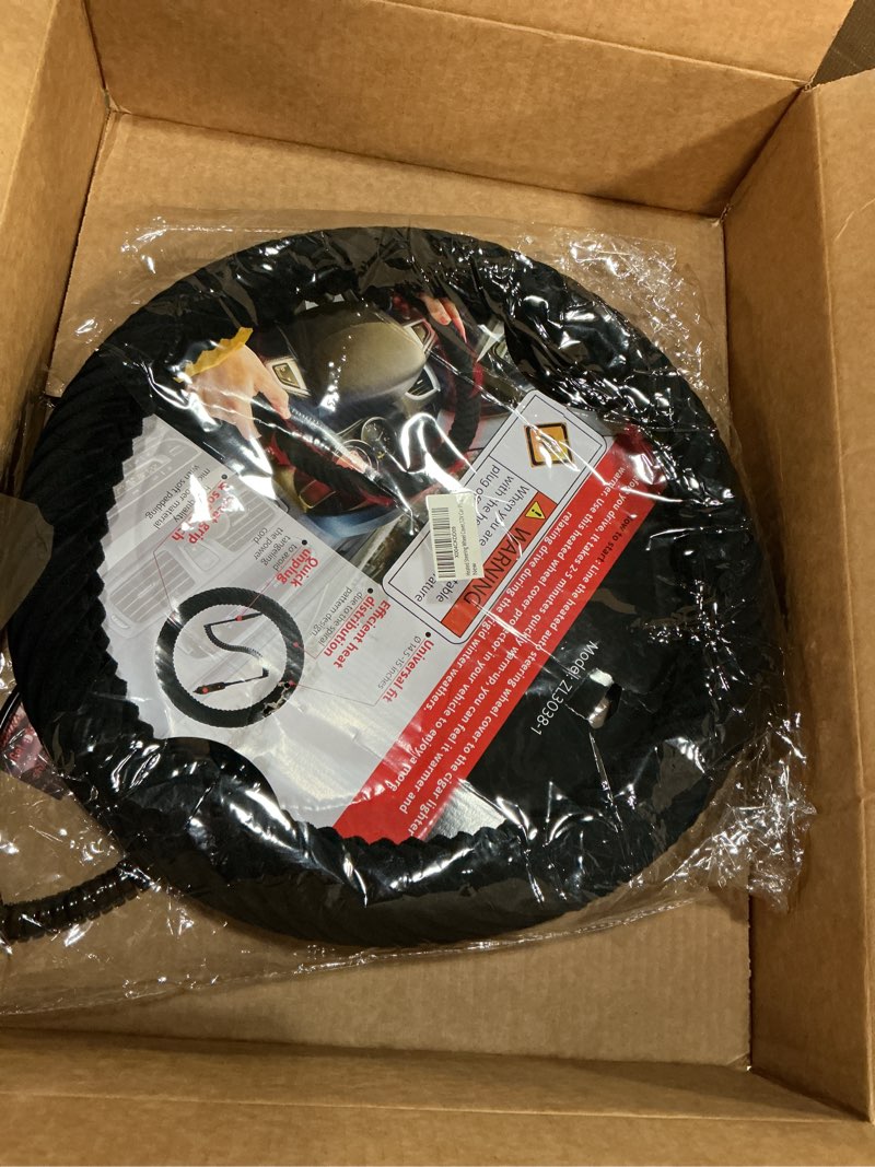 Condition photo showing New/Like New for heated steering wheel cover,12v car plug, universal fit 14.5-15 inch anti-slip wheel protector, auto steering wheel black protector cover with heater, premium quality