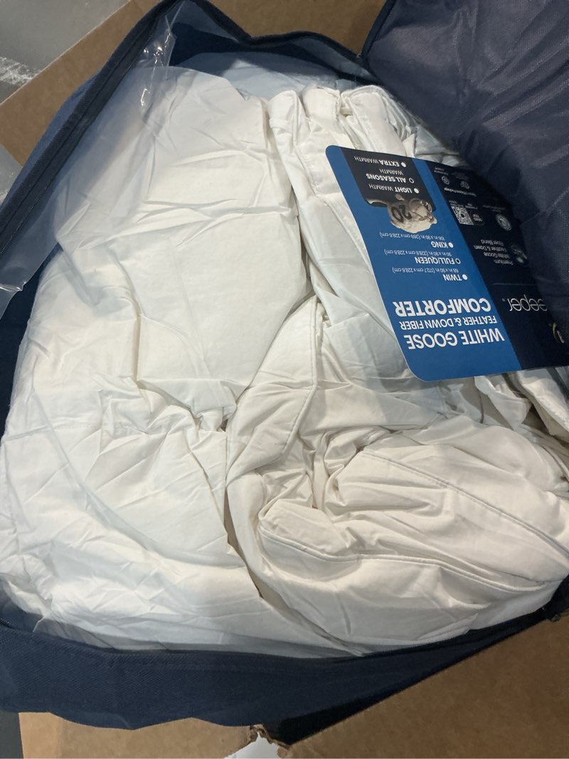 Condition photo showing As Is for Serta Goose Feather Down Fiber Cotton Comforter Queen Size - 100% Cotton Duvet Insert - Hotel Luxury Hypoallergenic Bedding Comforter All Season Medium Warmth 90 x 90 Inch White Full/Queen All Season