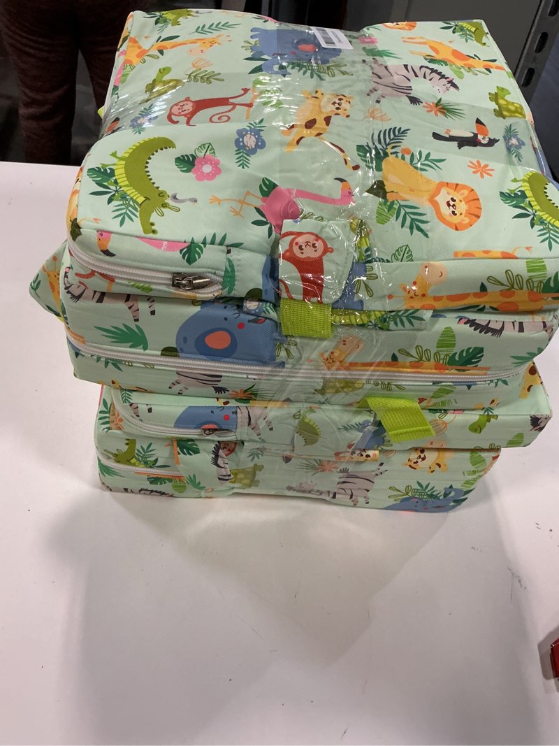 Condition photo showing As Is for Booster Seat for Kitchen Chair with Backrest & 4 Adjustable Straps, Portable TPU Waterproof & Anti-Scratch Toddler Booster Seat for Dining Table, Removable & Non-Slip Booster SEat for Table Green-Animals