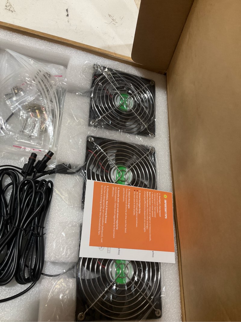 Condition photo showing Good Condition for solar chicken coop fan 3 kit, 25w solar powered greenhouse fan outdoor waterproof, solar exhaust & intake fans, strong airflow for shed dog house circulation ventilation cooling, no battery 4.7" fan 3 kit