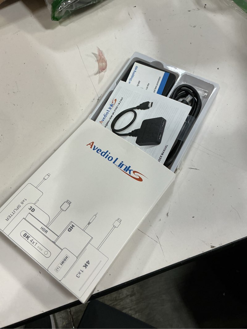 Condition photo showing New/Like New for hdmi splitter 4k@60hz, avedio links hdmi splitter 1 in 2 out, hdmi splitter for dual monitors only duplicate/mirror screens, support hdmi2.0b, hdcp2.2, 18.5gbps, auto scaling, full hd 1080p 3d