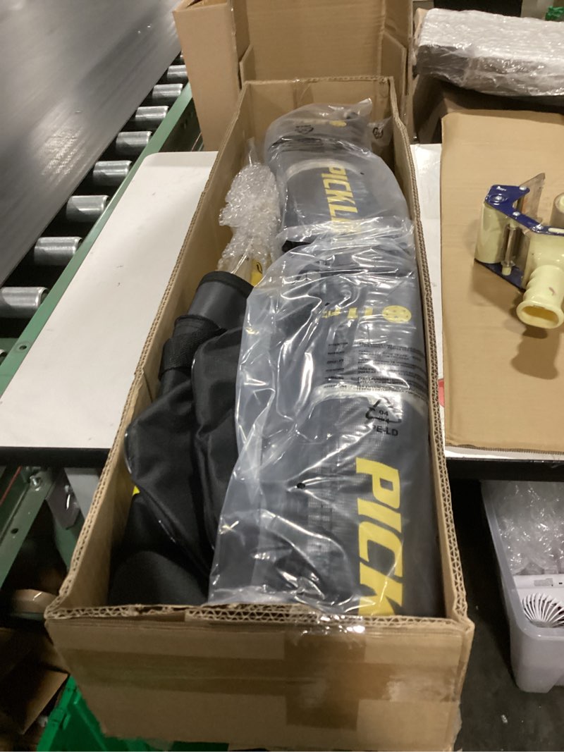Condition photo showing New/Like New for portable pickleball net set with wheels, regulation size 22 ft & half court 11 ft, steady metal frame pickle ball net set system with carry bag for backyards, driveways, and garages black&yellow