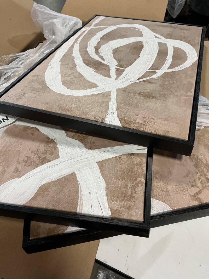 Condition photo showing Good Condition for Framed Boho Wall Art Decor - Abstract Brown and White Line Painting Prints 16"x24" Set of 3 Modern Geometric Pictures Minimalist Canvas Artwork for Living Room Bedroom Home Office brown 16"x24"x3 Framed