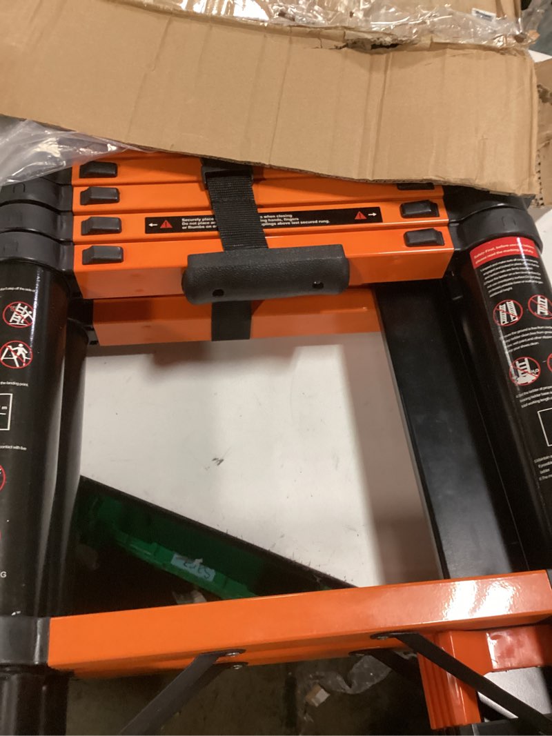 Condition photo showing As Is for (size unknown ) telescoping ladder, aluminum extension ladder, load capacity, multi-purpose collapsible ladder for home and work; orange orange