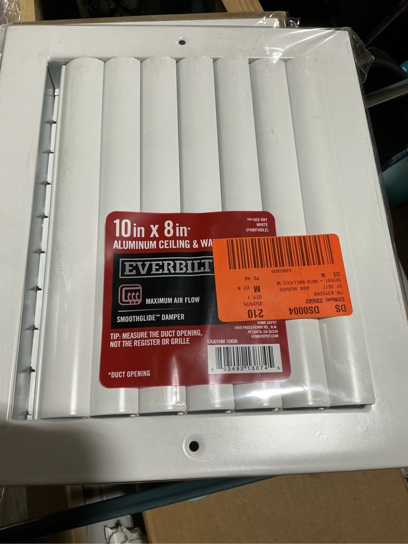 Condition photo showing New/Like New for 10 in. x 8 in. 1-way aluminum adjustable curved blade wall/ceiling register in white