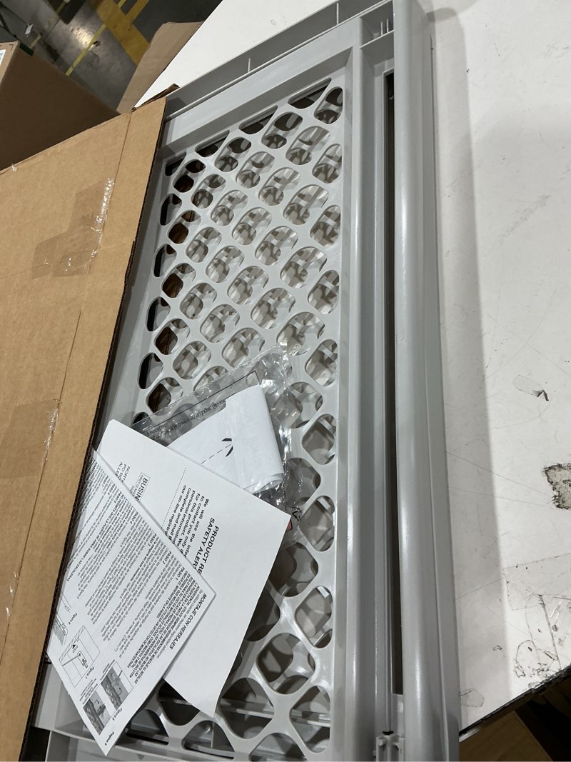 Condition photo showing Good Condition for mypet universal pet gate: 26” - 42” wide dog gate for doorways with pressure fit or swinging door hardware mounting types included: 26" tall; gray