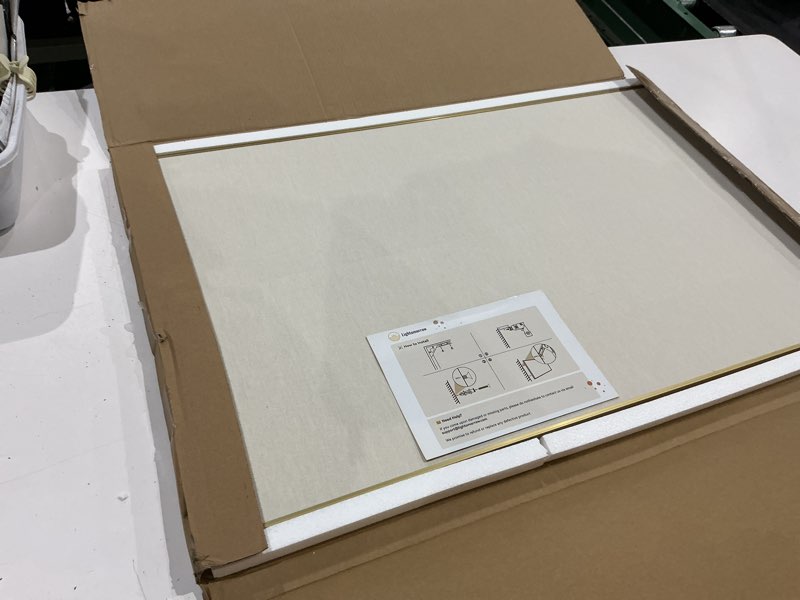 Condition photo showing Good Condition for lightomorrow bulletin board 30 x 20 inches, oatmeal white pin board vision board, golden aluminum framed fabric cork board with 10 push pins oatmeal white fabric & golden frame 30 x 20 inches