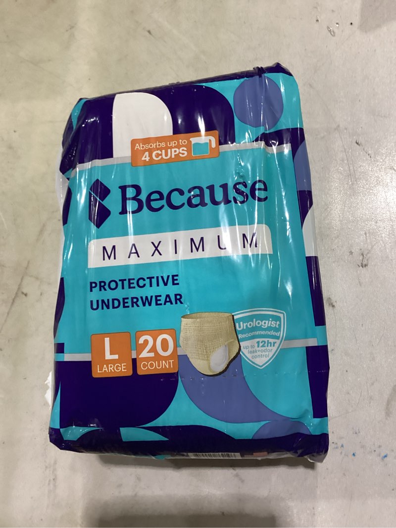 Condition photo showing Good Condition for because discreet maximum adult incontinence & postpartum underwear for women, high absorbency, disposable, absorbs up to 4 cups, beige, large, 20 large (20 count) beige