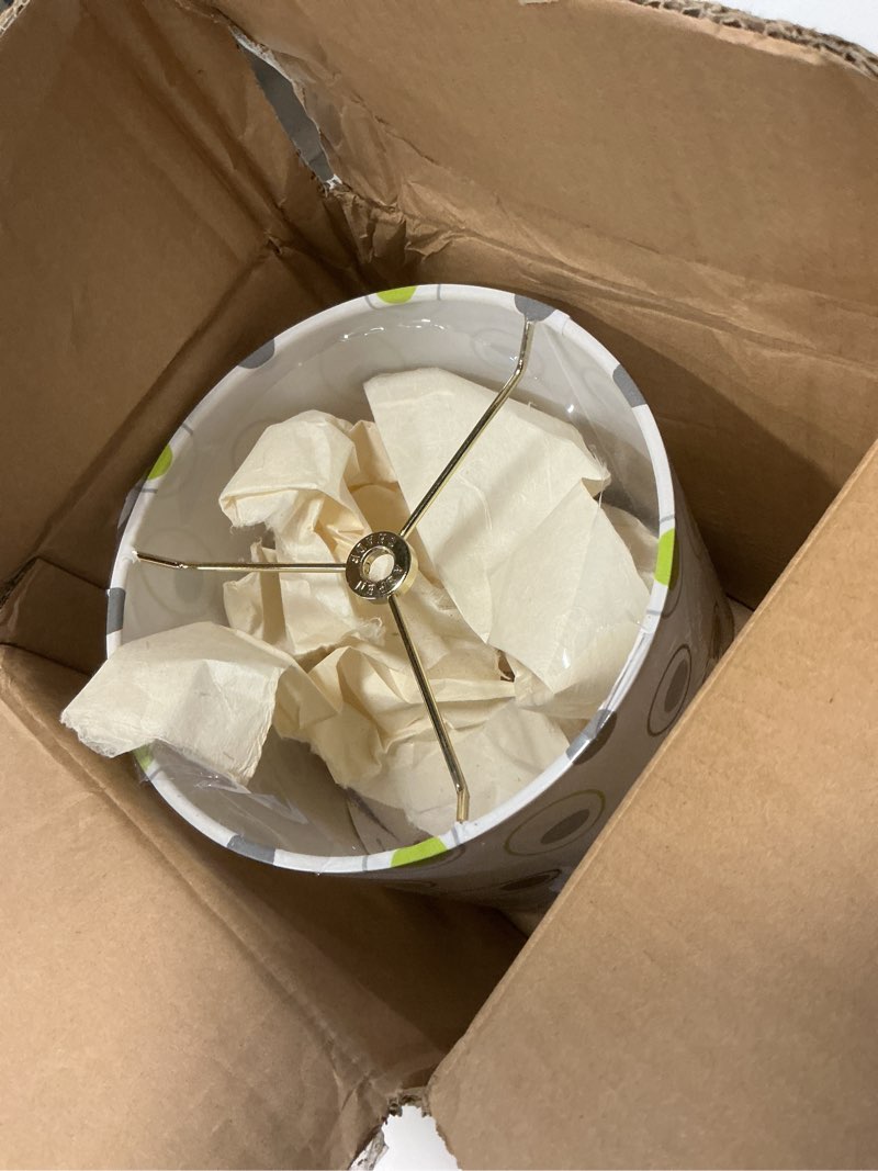Condition photo showing Good Condition for aspen creative 31130a transitional drum (cylinder) shaped spider fitter lamp shade in off-white circled pattern, (8" x 8" x 11")