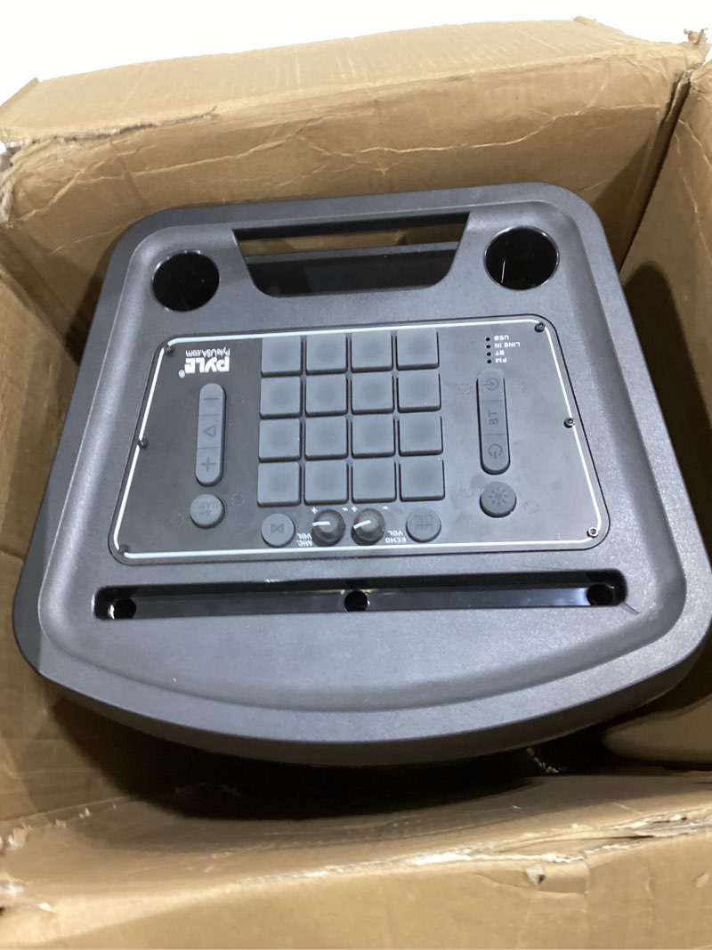 Condition photo showing As Is for Pyle 12’’ Portable PA Speaker - 600 Watts High-Powered Wireless Speaker System with Dual Subwoofers, Flashing Flame LED Lights, Built-in Rechargeable Battery, AUX/MP3/USB/FM Radio Deep Black