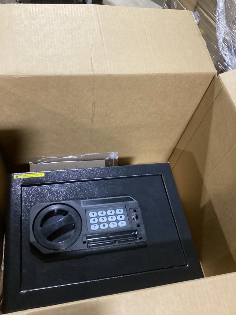 Condition photo showing Good Condition for amazon basics steel security safe and lock box with electronic keypad, secure documents storage, black, 0.5 cubic feet, 13.8"w x 9.8"d x 9.8"h, removable shelf