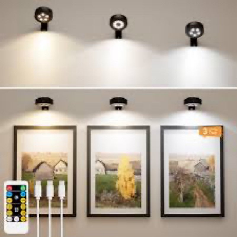 Picture Light Battery Rechargeable, 3Pack Picture Light for Wall with Remote, 3 Color Modes and Dimm