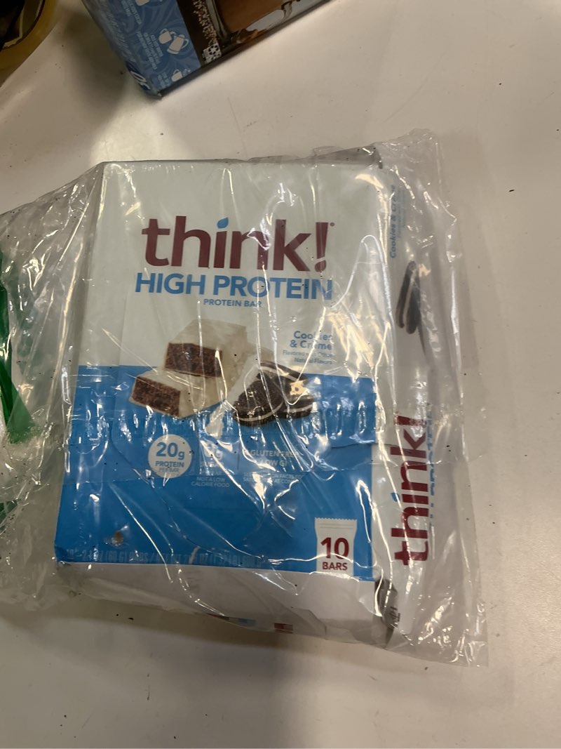 Condition photo showing New/Like New for ( best by:20/oct / 26)think! Protein Bars, High Protein Snacks, Gluten Free, Kosher Friendly, Cookies and Crème, Nutrition Bars, 2.1 Oz per Bar, 10 Count (Packaging May Vary) Cookies and Crème 10 Count (Pack of 1)