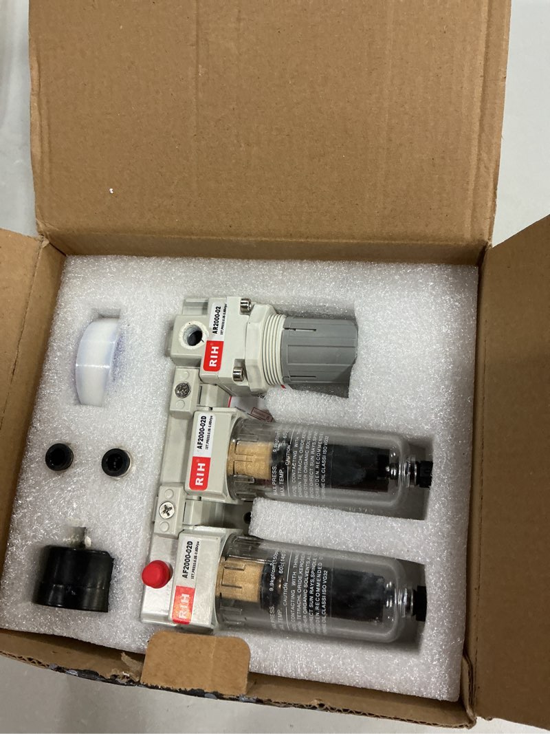 Condition photo showing Good Condition for rih pneumatics 1/4'' npt auto drain compressed air double filter & regulator, air compressor water separator, auto drain, poly bowl,0-150 psi gauge, 5 micron brass element ac2110-02d(1/4 npt)