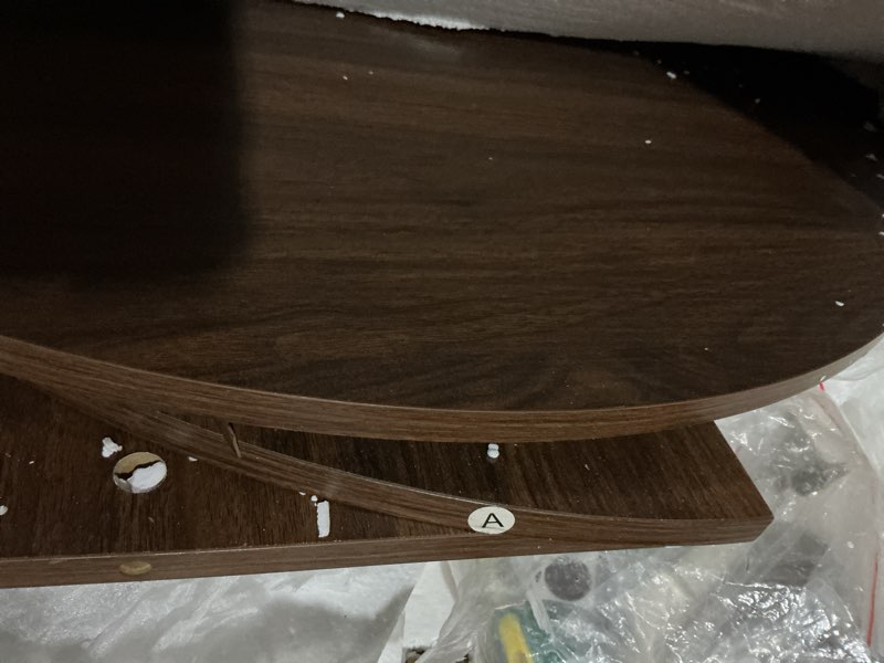 Condition photo showing As Is for gianna coffee table, round coffee tables with storage, fluted center table for living room, 31.69" mid century modern table with sliding cabinet door, 2-tier rustic wood desktop, brown