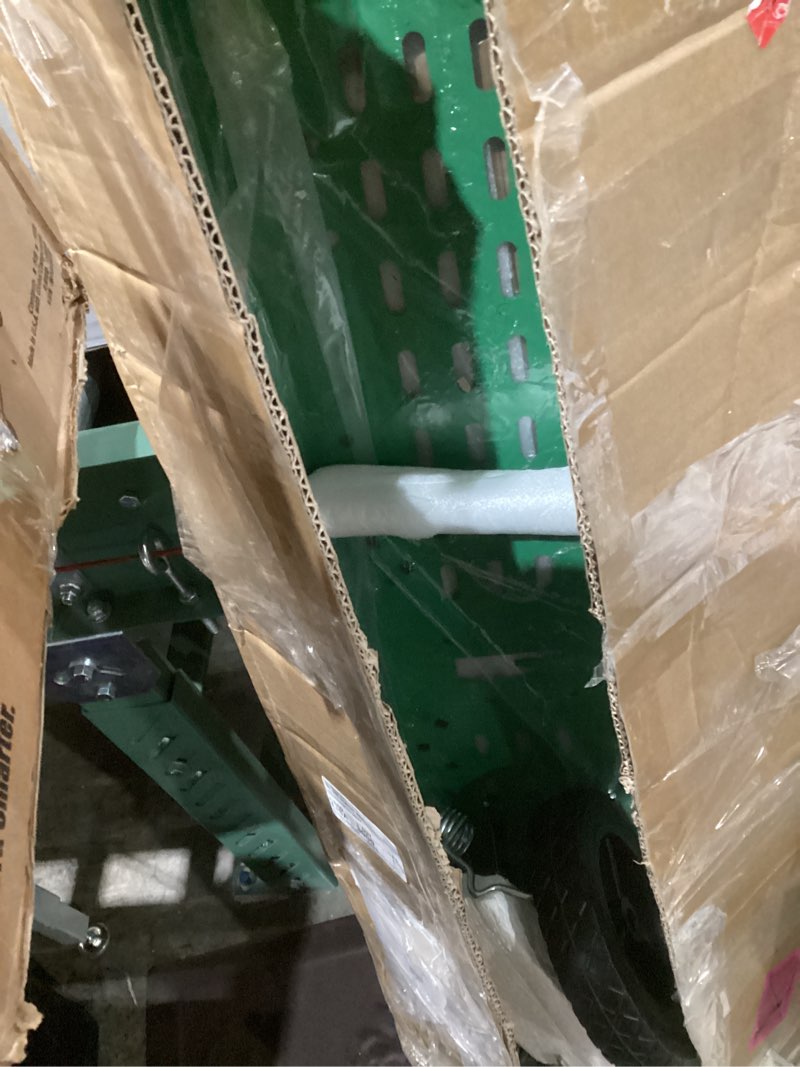 Condition photo showing Good Condition for 48" tow-behind dethatcher with 24 spring steel tines, pull behind lawn tractor mower grass rake for yard, garden, and farm care – removes thatch, leaves, and pine needles-green 48 inch green