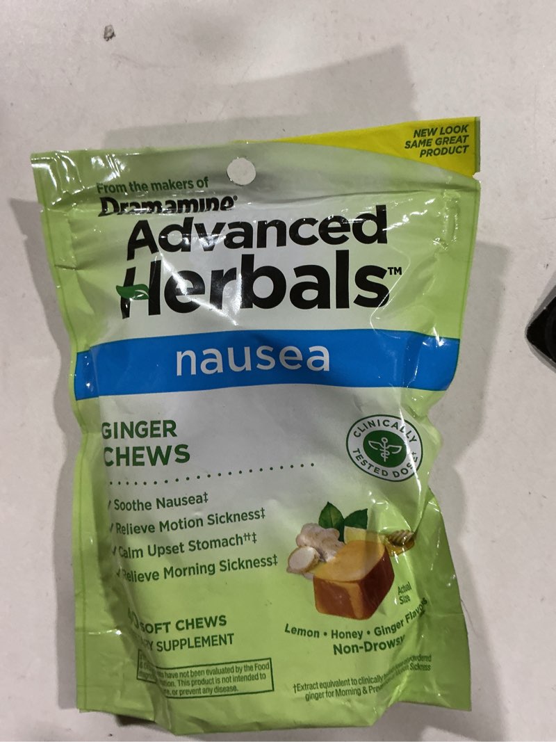 Condition photo showing New/Like New for from The Makers of Dramamine, Advanced Herbals, Ginger Chews, Nausea Relief Soft Chews Lemon-Honey-Ginger, 40 Count