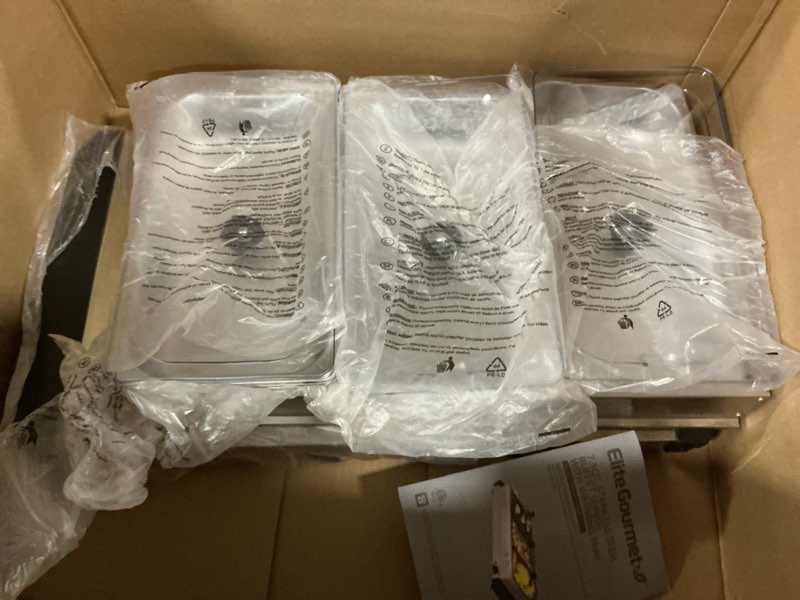 Condition photo showing As Is for Elite Gourmet EWM-6171 Triple 3 x 2.5 Qt. Trays, Buffet Server, Food Warmer Temperature Control, Cle
