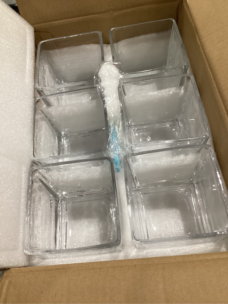 Condition photo showing Good Condition for set of 6 square glass vases 4" x 4" x 4", clear flower vase, plant terrarium, candle holder for wedding centerpiece, office decorations, home décor, parties and events 4inch