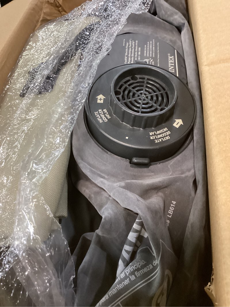 Condition photo showing As Is for Intex 64417ED 22in Queen Dura-Beam Comfort Plush High-Rise Inflatable Air Mattress with Built in Pump for Travel and Camping, 600lb Weight Capacity 22" Grey Queen