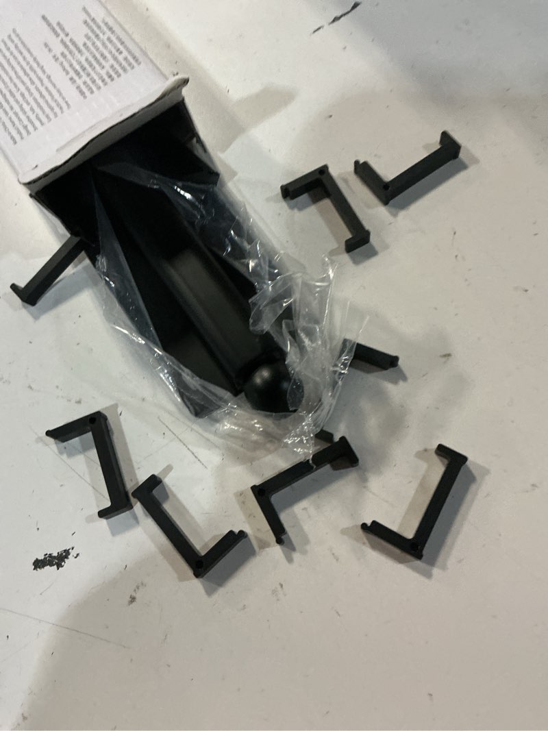 Condition photo showing As Is for valet rod for closet pull out 16.5in with 10 hooks,adhesive black closet valet rod slide out black 16.5 inch