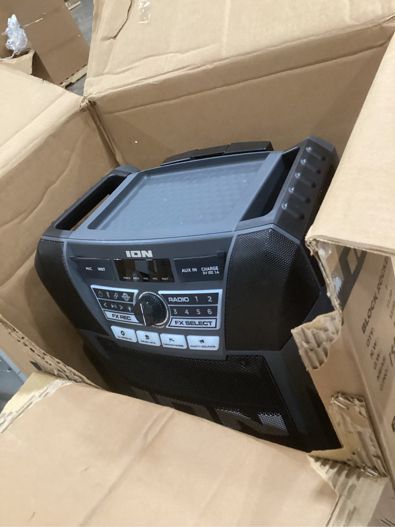 Condition photo showing As Is for ion block rocker xl - portable bluetooth outdoor party speaker, 220w, with karaoke microphone, battery, 5 speakers, lights, radio, usb charging & app 220w water-resistant