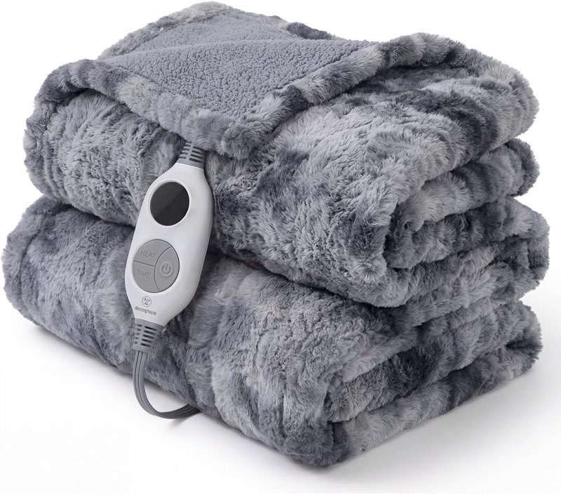 westinghouse electric heated throw blanket, faux fur with 6 heating levels & auto off, soft cozy sherpa washable blanket (50" x 60", grey)