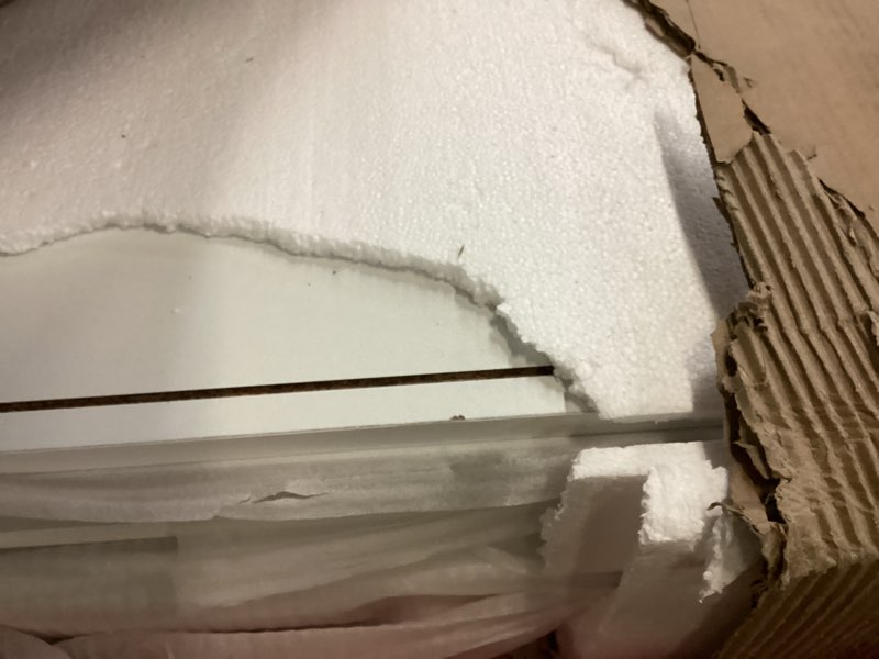 Condition photo showing As Is for Manhattan Comfort Viennese Collection 6 Shelf Gloss Finished Long Buffet Cabinet / Dining Console with 4 Doors, White Gloss,62.99", 100652 White 62.99" Inches Non Mirrored