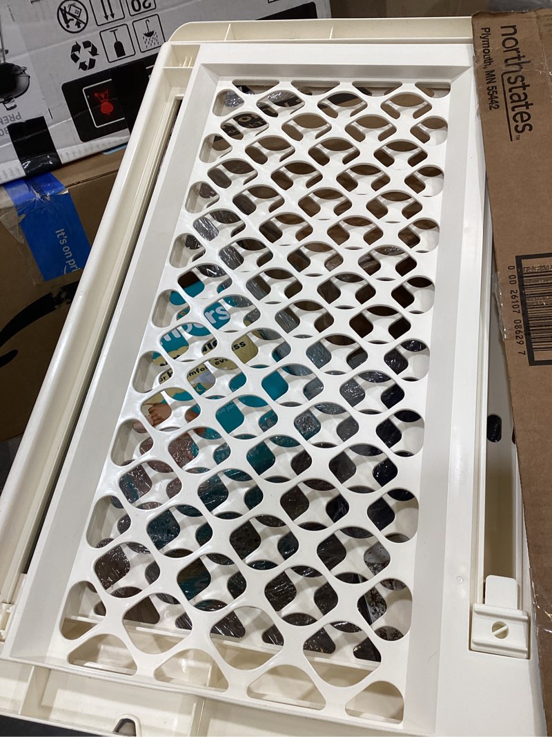 Condition photo showing As Is for toddleroo by north states 42” wide supergate ergo baby gate, made in usa: for doorways or stairways. includes wall cups. pressure or hardware mount. 26” - 42” wide (26" tall, ivory) (b0065adp4c)