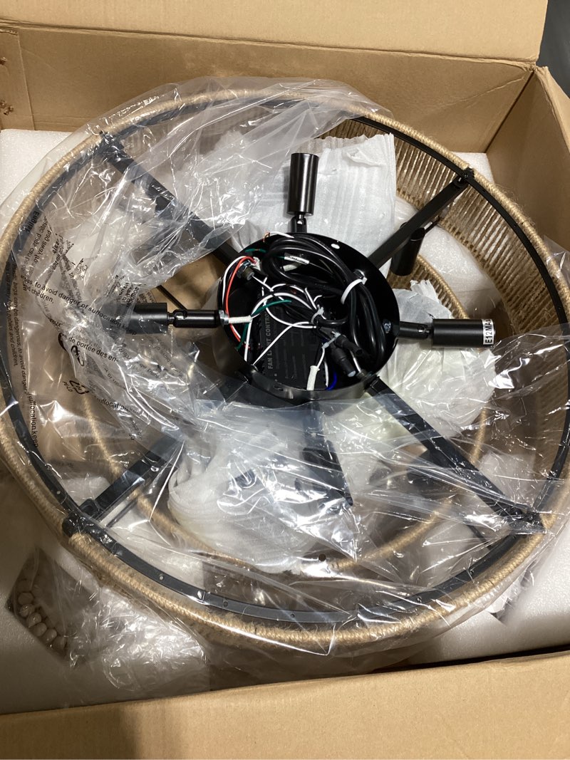 Condition photo showing Good Condition for 20” twine caged ceiling fan double layer coastal boho ratten chandelier fandelier for dining table, bedroom, living room, wood beaded hand-woven, fcc remote/app control (twine, 20in) twine 20in