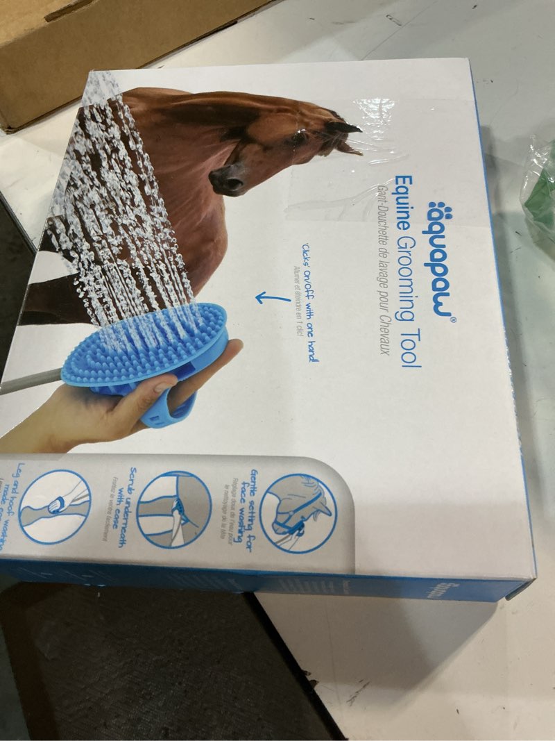 Condition photo showing New/Like New for Aquapaw 5-in-1 Horse & Dog Bath Brush & Curry Comb - XL Blue Silicone - Includes 3-ft Shower Hose Attachment & Adapter - Adjustable Spray Scrub Massager - Great for Horses & Big Dogs X-Large