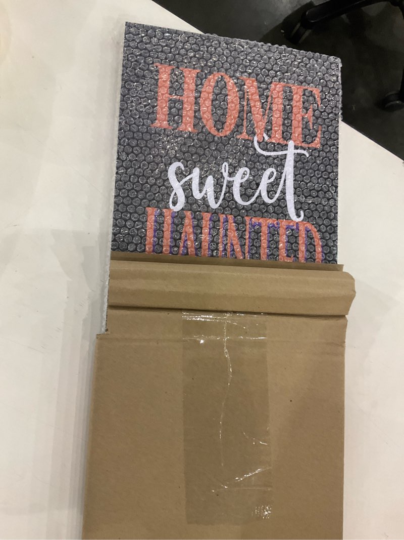 Condition photo showing New/Like New for spoontiques haunted home porch sign - decorative home décor wooden signs - rustic outdoor decoration - durable and weatherproof - entryway decoration - 8" x 40"