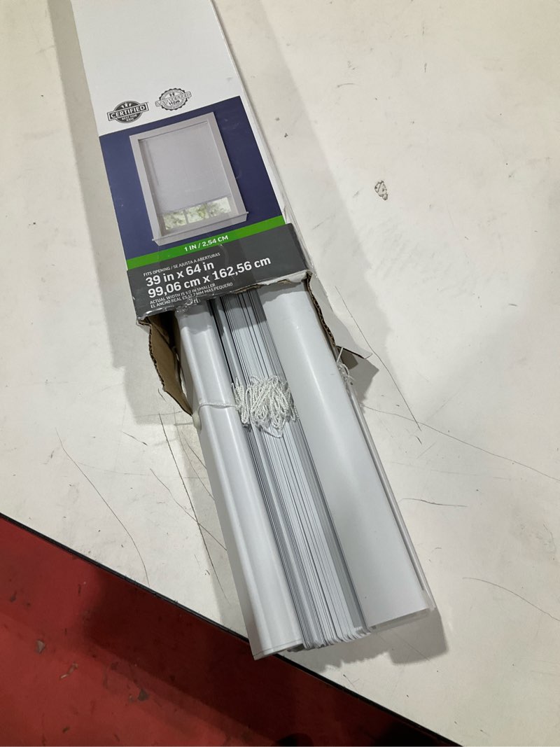 Condition photo showing Good Condition for project source room darkening 1-in slat width 39-in x 64-in cordless white vinyl room darkening mini-blinds