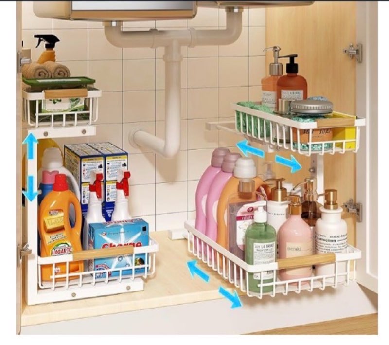 1 pack 17in depth under sink organizer, 2-tier pull out cabinet organizer with smooth circular rail,