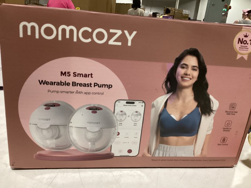 Condition photo showing As Is for momcozy m5 smart app controlled wearable breast pump, hands-free wireless electric pump, 3 modes 9 suction levels, bpa-free, portable lightweight, 24mm flange, 2-pack cozy red m5-r2