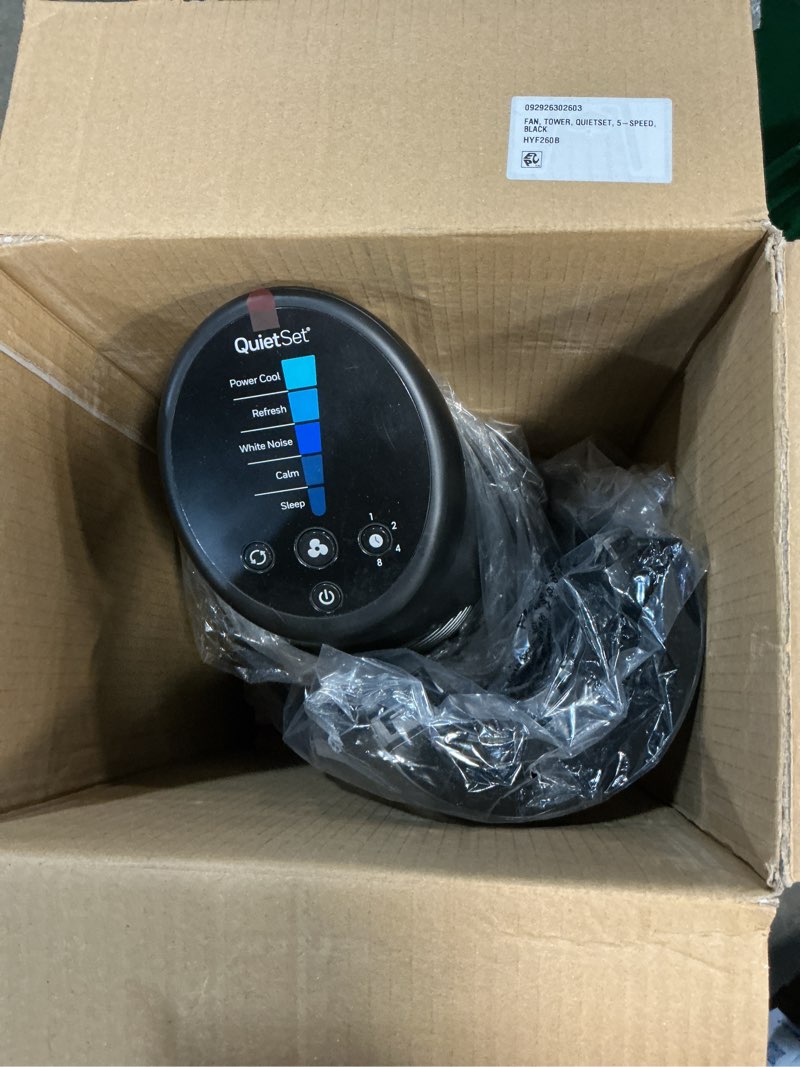 Condition photo showing As Is for honeywell 40" black quiet set oscillating tower fan, 30ft air circulation power, 5 speed, auto off timer, hyf260b